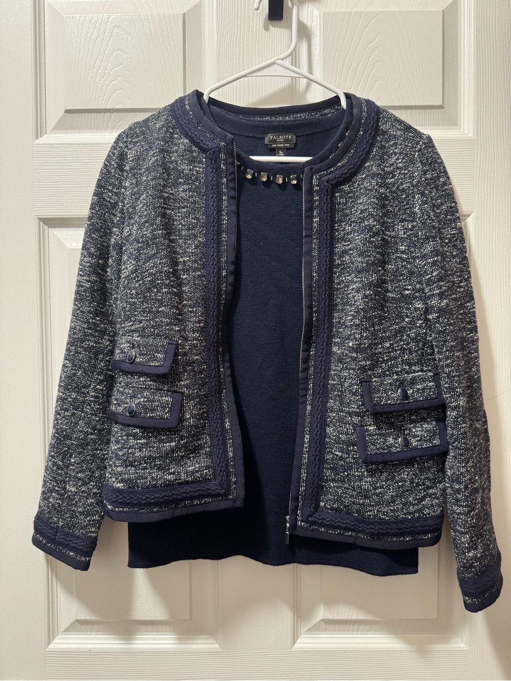 Talbots Navy and Heathered Gray Tweed-Style Knit Jacket